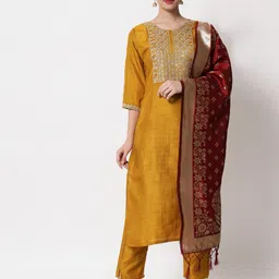 VredeVogel Women Mustard Yellow Embroidered Straight Kurta with Trousers & With Dupatta-picture-36