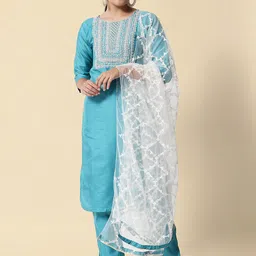 VredeVogel Women Blue Floral Embroidered Kurta with Trousers With Dupatta-15