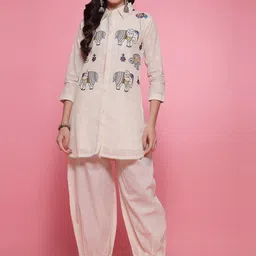 Clora Creation Ethnic Motifs Embroidered Shirt Collar Pure Cotton Kurta With Afghani Pant-picture-57