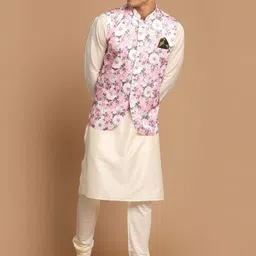 VASTRAMAY Mandarin Collar Regular Kurta with Churidar & Jacket-image-5