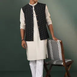 VASTRAMAY Ethnic Motifs Pure Cotton Straight Kurta With Pyjama With Nehru jacket-picture-34