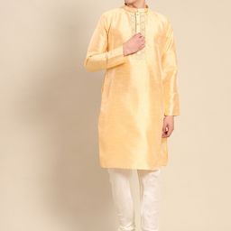 KISAH Men Cream-Coloured Yoke Design Kurta with Trousers-picture-3
