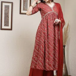 Stylum Rust Bandhani Printed Empire Sequinned Anarkali Kurta with Palazzo & Dupatta-18