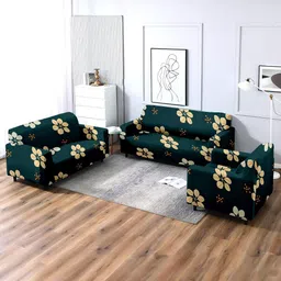 Cortina 3 Pcs Teal Green & Beige Floral Printed Stretchable Sofa Cover Set-10
