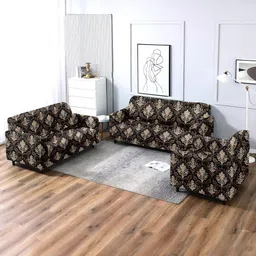 Cortina Brown & Beige 3 Pieces Printed Elastic Stretchable Sofa Cover Set-image-57