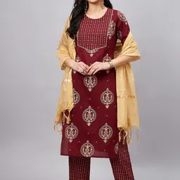 WineRed Floral Printed Gotta Patti Pure Cotton Kurta With Palazzos & Dupatta-picture-40