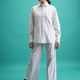 Tokyo Talkies White Striped Pure Cotton Shirt With Trousers Co-Ords-picture-45