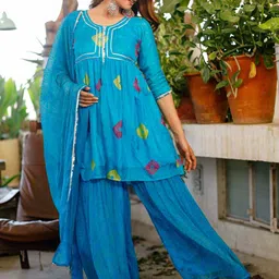 Thread & Button Women Printed Empire Silk Chiffon Kurta with Palazzos & With Dupatta image 1
