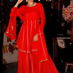 Thread & Button Women Red Striped Gotta Patti Pure Cotton Kurta with Sharara & With Dupatta image 1