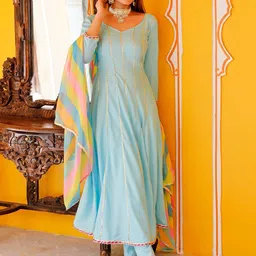 Thread & Button Women Striped Pure Cotton Kurta with Trouser & With Dupatta image 1