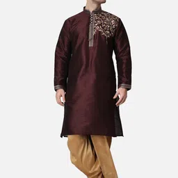 ROYAL KURTA Embroidered Mandarin Collar Thread Work Dupion Silk Kurta with Dhoti Pants-32