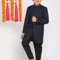 VASTRAMAY Boys Navy Blue Self-Design Sherwani-43