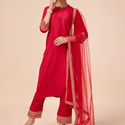 House of Pataudi Self Design Sequinned Embroidered Kurta With Trouser & Dupatta-picture-12