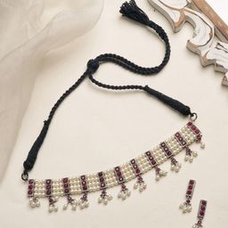 TEEJH Oxidised Silver-Plated Pink & White Pearl Jewellery Set-image-26