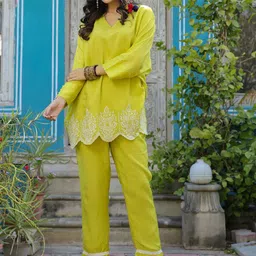 EverBloom Floral Embroidered V-Neck Top With Trouser-image-36