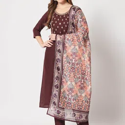 ODETTE Floral Yoke Design Zari Work Kurta With Trousers & Dupatta-18