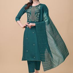 Berrylicious Women Teal Floral Embroidered Thread Work Chanderi Cotton Kurta with Trousers & With Dupatta-picture-9