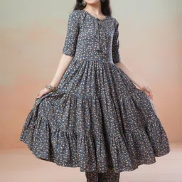 Inddus Girls Floral Printed Tiered Kurta with Trousers-image-45