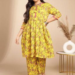 Janasya  Plus Size Floral Printed Pleated Pure Cotton Kurta with Palazzos-picture-5