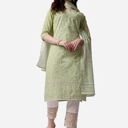 Berrylicious Floral Embroidered Thread Work Pure Cotton Kurta with Trousers & Dupatta-image-75