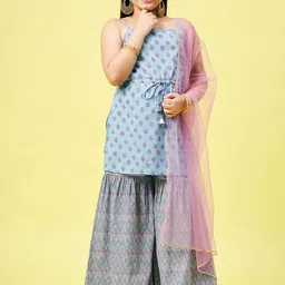 Stylo Bug Girls Blue Floral Printed Pure Cotton Kurta with Sharara & With Dupatta-image-46
