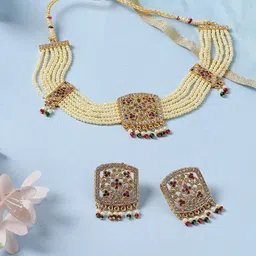 PRIVIU Gold-Plated Stone-Studded & Pearls Beaded Choker Necklace Jewellery Set-57