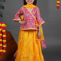 Maaikid Girls Floral Printed Angrahka Pure Cotton Kurta With Skirt & Dupatta-image-72
