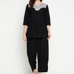 NABIA Women Solid Round Neck Embroidery Co-Ord Set-image-85