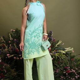 Vishudh Lime Green Floral Printed Halter Neck Kurta & Palazzo-picture-10