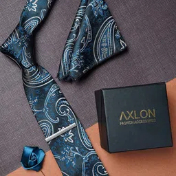 AXLON Men Pasiley Woven Design Pocket Square, Cufflink, Tie Clip & Flower Pin-8