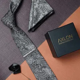 AXLON Men Pasiley Woven Design Tie With Pocket Square, Tie Clip & Flower Pin-25