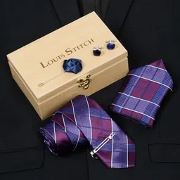 LOUIS STITCH Men Checked Italian Silk Necktie Accessory Gift Set-image-72