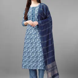 ARADHNA Floral Printed Regular Thread Work Kurta With Trousers & Dupatta-4