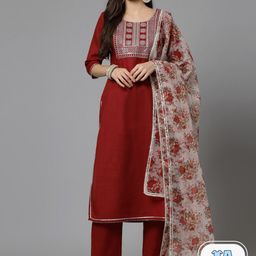 Stylum Ethnic Motifs Yoke Design Sequinned Kurta with Trousers & With Dupatta-image-0