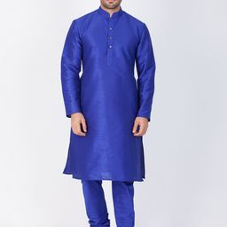VASTRAMAY Men Blue Pleated Kurta with Pyjamas-image-40