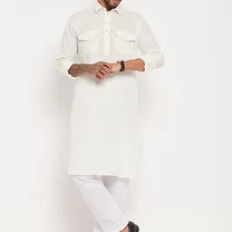 VASTRAMAY Shirt Collar Roll-Up Sleeves Pathani Kurta With Pyjamas-picture-54
