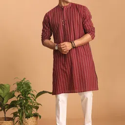 SHVAAS by VASTRAMAY Woven Design Band Collar Pure Cotton Sustainable Kurta With Pyjamas-picture-53