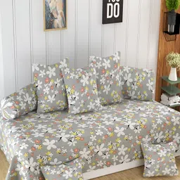 Homefab India 8 Pieces Grey & White Floral -Printed 180 TC Diwan Set-40