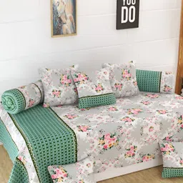 Homefab India 8 Pieces Green & White Floral -Printed 180 TC Diwan Set-18