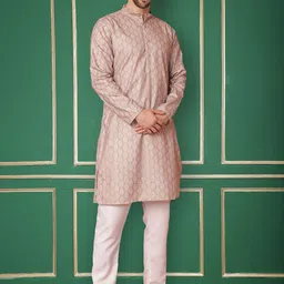 Jompers Floral Embroidered Mandarin Collar Knee Length Straight Kurta With Pyjama-picture-12