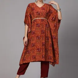 V TRADITION Ethnic Motifs Printed Kaftan Kurta with Trousers-27
