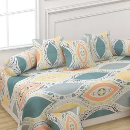 Bajo's Yellow & Grey 8 Pieces Geometric Printed Cotton Diwan Set-43