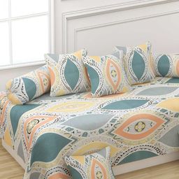 Bajo's Yellow & Grey 8 Pieces Geometric Printed Cotton Diwan Set-35