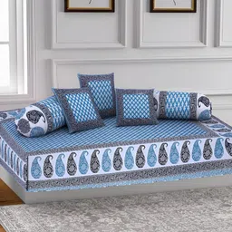 Texstylers 6 Pieces Blue Paisley Jaipuri Printed Cotton Jaipuri Diwan Set-0