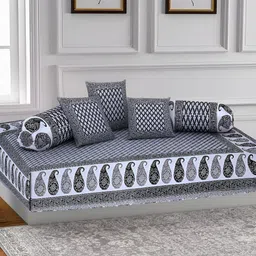 Texstylers 6 Pieces Grey Paisley Jaipuri Printed Cotton Diwan Set-15