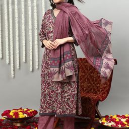 Vastramyaa Floral Printed Regular Pure Cotton Kurta With Palazzos & Dupatta-picture-11