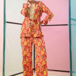 JISORA Red Floral Printed Night suit With Shug-image-64