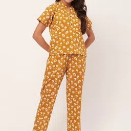 Moomaya Floral Printed Mandarin Collar Pure Cotton Top & Pyjama-picture-35