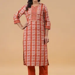 SAVI Ethnic Motifs Printed Regular Mirror Work Pure Cotton Kurta with Trousers-2
