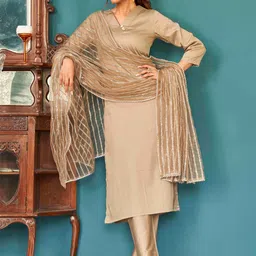 Tikhi Imli V-Neck Pure Cotton Straight Kurta & Trousers With Dupatta-49
